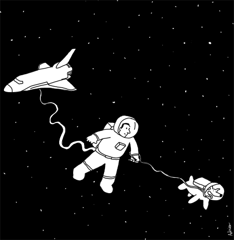 espace, chien, discovery, nasa, navette spatiale, sortie dans l'espace, promenade, laisse, astronaute