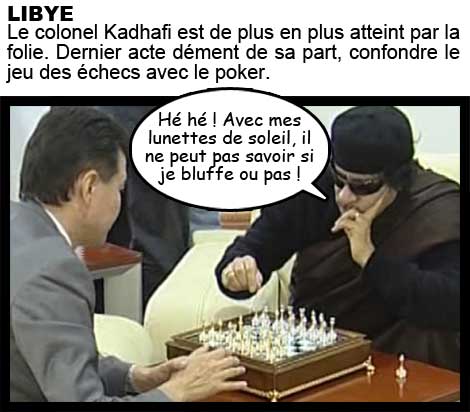 échecs, kadhafi, Libye, folie, poker, confondre, lunettes noirs, jeux